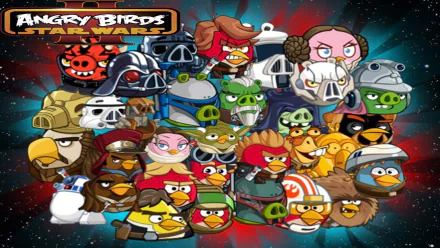 Colorful HD wallpaper featuring characters from Angry Birds: Star Wars 2, showcasing iconic birds and pigs in a vibrant, dynamic space background.
