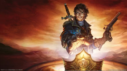 Fable III video game HD PC desktop wallpaper: heroic protagonist holding sword and pistol over a glowing golden crest against a fiery sky