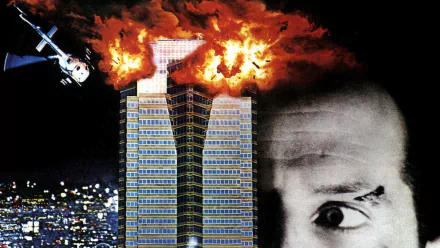 HD PC desktop wallpaper for a Die Hard video game: exploding skyscraper at night with helicopter overhead, city lights and an intense close-up of a man's eye.