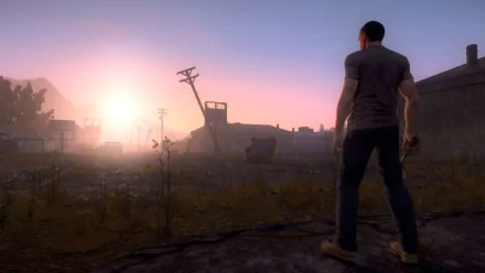 HD PC desktop wallpaper from Z1 Battle Royale: a lone character stands on a ridge overlooking a ruined town at sunrise, silhouetted against a pink-orange sky.