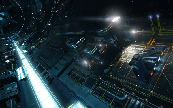 HD PC desktop wallpaper from the video game Elite: Dangerous, showcasing a detailed space station interior with futuristic lighting and spacecraft.