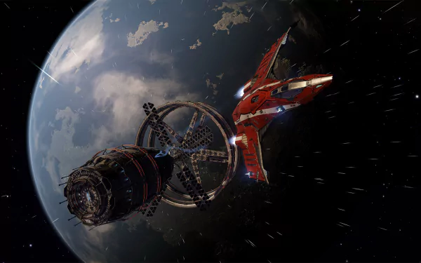 A stunning HD PC desktop wallpaper featuring a spaceship from Elite: Dangerous approaching a space station, with a vibrant planet in the background.