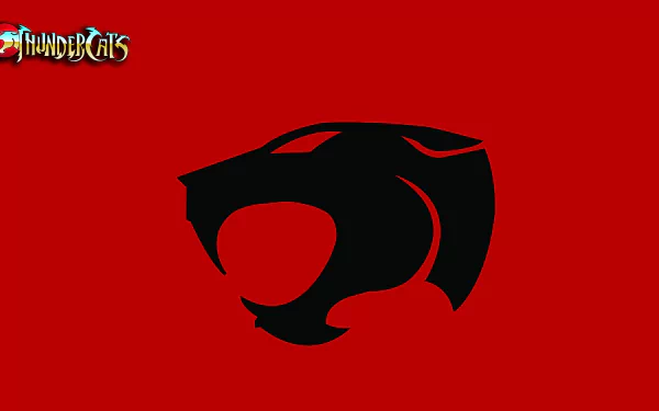Thundercats (1985) logo in bold black silhouette on a red background, presented as an 8K Ultra HD PC desktop wallpaper from the classic TV show.
