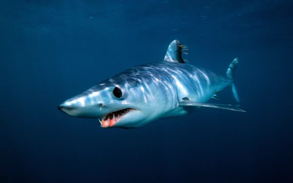 HD PC desktop wallpaper and background of a mako shark gliding through deep blue water, sunlight reflecting off its sleek, toothy profile.