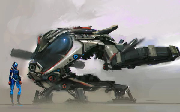 HD Sci-Fi desktop wallpaper featuring a futuristic helicopter with a sleek, mechanical design next to a person in advanced armor.