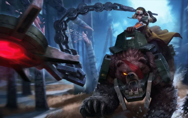 A stunning HD wallpaper features Sejuani from League of Legends, depicted riding her armored bear in a mystical forest, showcasing dynamic action and vibrant colors.