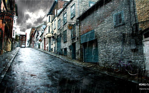 A dark, rainy street in a city, with glistening wet pavement reflecting the shadows of man-made buildings, creating a lonely and atmospheric scene.