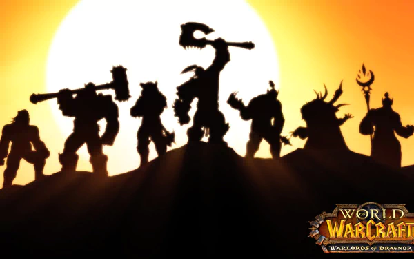 Silhouettes of iconic characters stand against an orange sunset in this HD wallpaper for World of Warcraft: Warlords of Draenor, capturing the essence of the epic video game.
