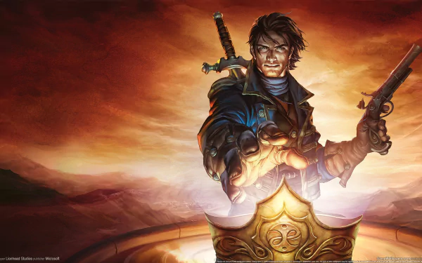 Fable III video game HD PC desktop wallpaper: heroic protagonist holding sword and pistol over a glowing golden crest against a fiery sky