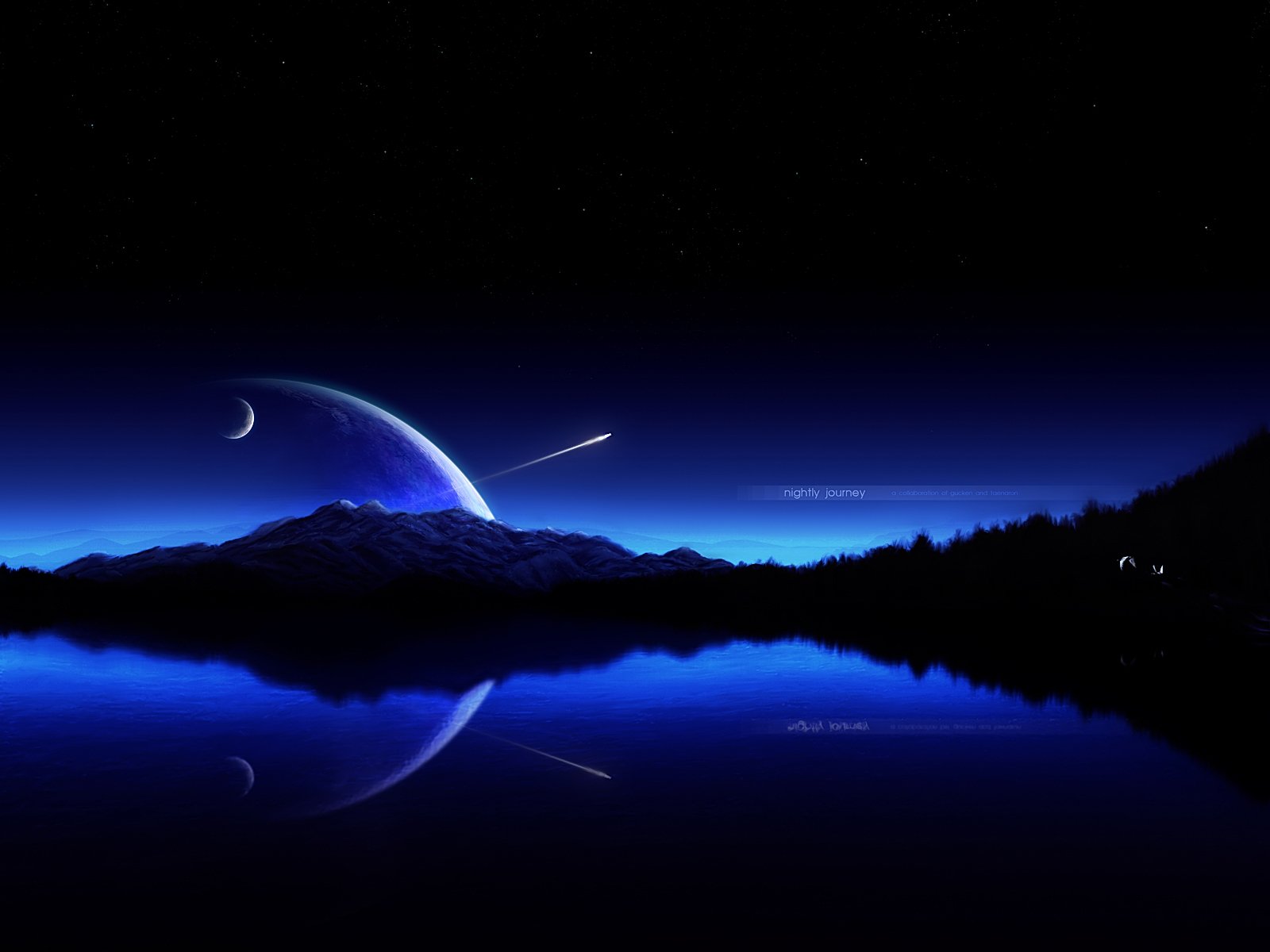 HD Sci-Fi desktop wallpaper showing a serene planet rising over dark mountains, reflected in a calm blue lake under a starry night sky.
