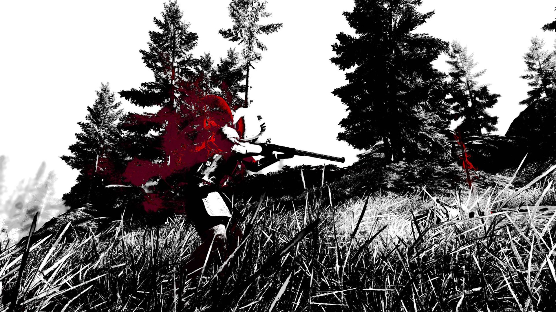 High-contrast black, white and red HD PC desktop wallpaper/background from the video game Betrayer showing a masked figure aiming a rifle in tall grass beside silhouetted pine trees.