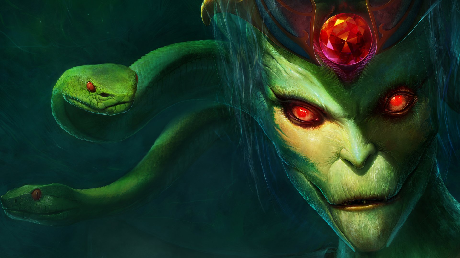 HD desktop wallpaper featuring Medusa from DotA 2, showcasing her striking green visage, glowing red eyes, and serpentine hair against a dark backdrop.
