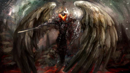 Fantasy HD PC wallpaper depicting a fierce angel warrior with glowing eyes, large wings, and armor, wielding a sword amidst a dark, smoky battlefield.