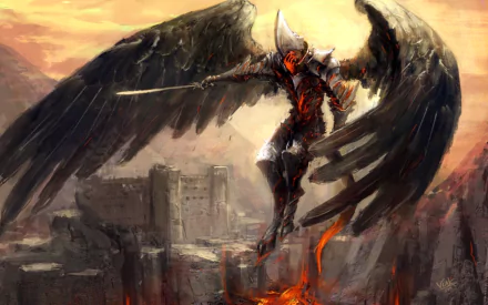HD PC desktop wallpaper of a fierce fantasy angel warrior with dark wings and armor, soaring over a ruined city at sunset.