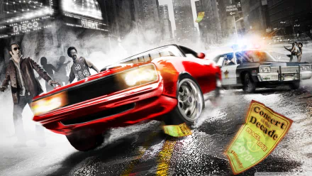 HD PC desktop wallpaper for the video game Driver: Parallel Lines — red muscle car skids through rainy city streets as a police cruiser gives chase, ticket stub and gritty skyline in background.