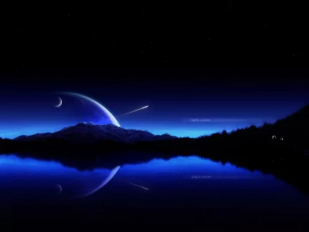 HD Sci-Fi desktop wallpaper showing a serene planet rising over dark mountains, reflected in a calm blue lake under a starry night sky.