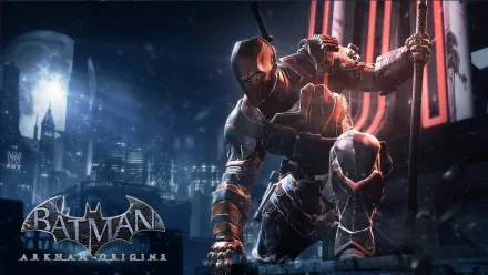A striking HD desktop wallpaper from Batman: Arkham Origins, featuring a powerful scene with the character Deathstroke set against a moody urban backdrop.