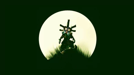 HD PC desktop wallpaper featuring Majora’s Mask from The Legend of Zelda: Majora's Mask silhouetted against a large glowing moon.