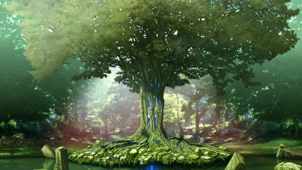 HD PC desktop wallpaper depicting the iconic Mana Tree from the video game Secret of Mana, surrounded by glowing blue symbols and lush forest scenery.