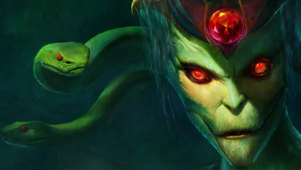 HD desktop wallpaper featuring Medusa from DotA 2, showcasing her striking green visage, glowing red eyes, and serpentine hair against a dark backdrop.