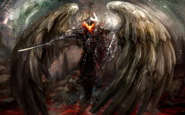Fantasy HD PC wallpaper depicting a fierce angel warrior with glowing eyes, large wings, and armor, wielding a sword amidst a dark, smoky battlefield.