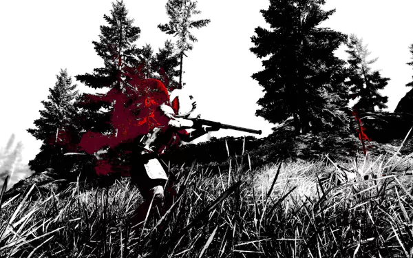 High-contrast black, white and red HD PC desktop wallpaper/background from the video game Betrayer showing a masked figure aiming a rifle in tall grass beside silhouetted pine trees.