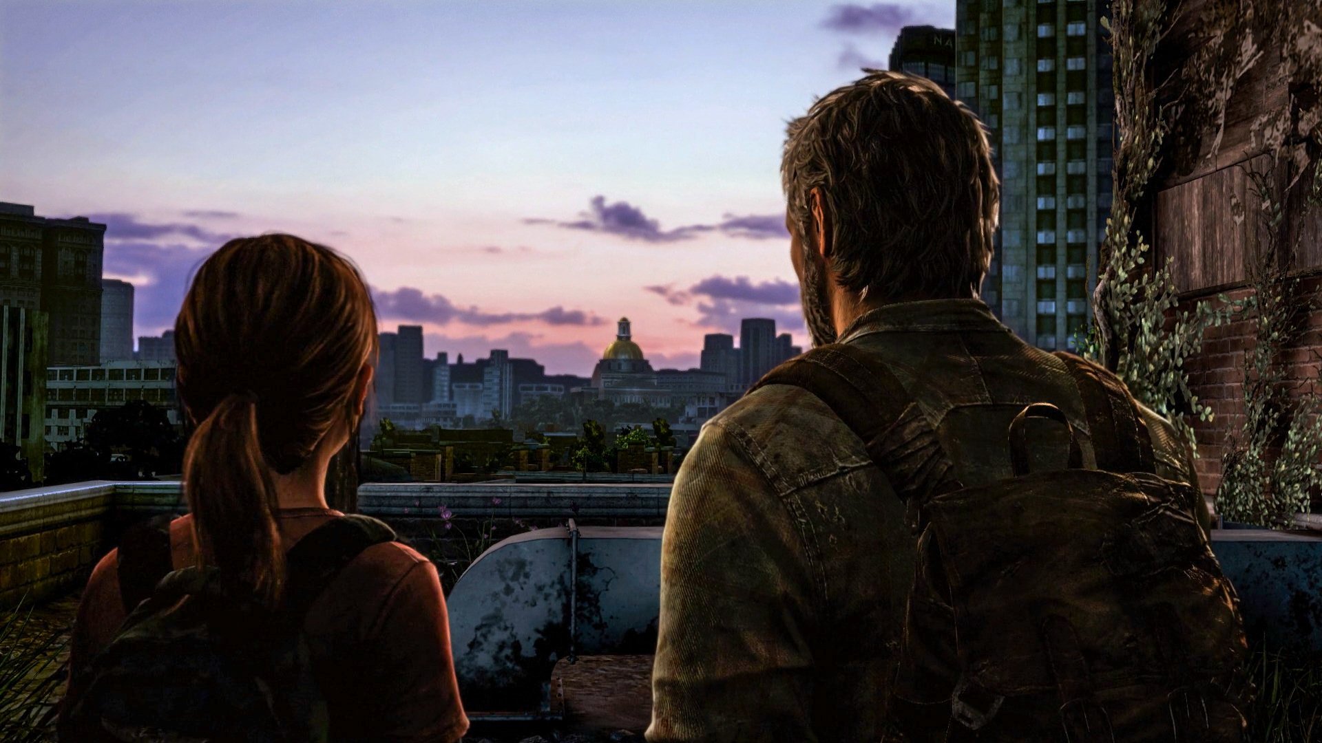 A striking HD wallpaper from the video game The Last Of Us, featuring two characters gazing at a sunset over a desolate urban landscape, evoking themes of hope and survival.