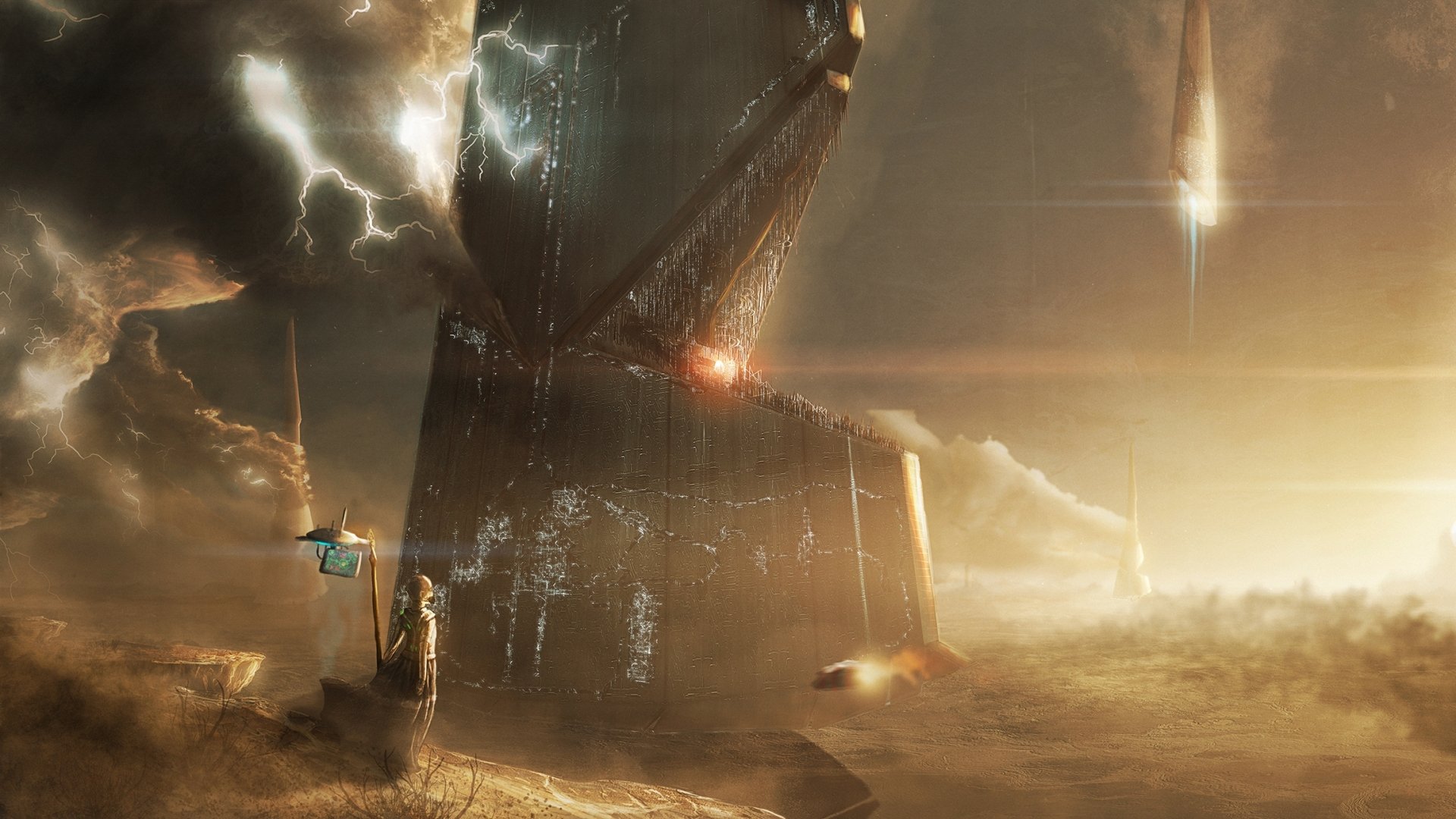 HD desktop wallpaper featuring a dramatic sci-fi scene with a large spaceship in a stormy, desert landscape, surrounded by lightning and flying crafts.