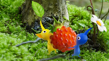 HD PC desktop wallpaper/background from the video game Pikmin: yellow and blue Pikmin carry a red berry across a mossy forest floor beside a tree.