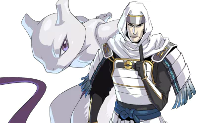 HD PC desktop wallpaper featuring a warrior character alongside Mewtwo from the video game Pokémon: Conquest.