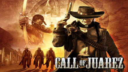 HD PC desktop wallpaper/background of the video game Call of Juarez: a cowboy gunslinger with pistol and bandolier, an archer with bow and four silhouettes in a sepia western scene.
