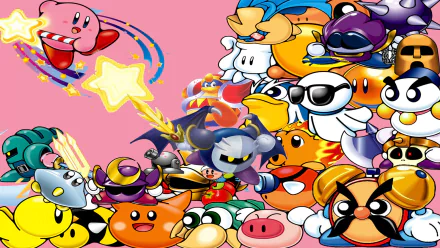 HD PC desktop wallpaper for the video game Kirby: Nightmare in Dreamland, showing Kirby and a crowd of colorful enemies and allies on a bright pink background.