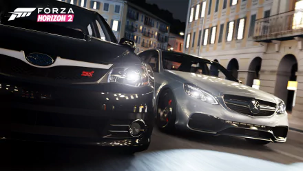 HD PC desktop wallpaper featuring detailed close-up of two cars racing through a city street from the video game Forza Horizon 2.
