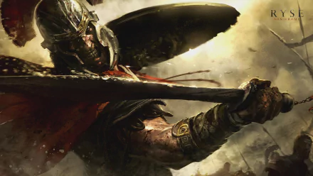 HD PC desktop wallpaper featuring a fierce warrior from the video game Ryse: Son of Rome wielding a sword in battle.