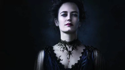 A haunting HD wallpaper featuring a character from the TV show Penny Dreadful, showcasing her elegant attire and striking expression against a dark background.