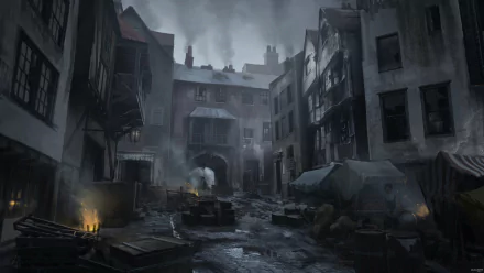 Dark, foggy urban alley from The Order: 1886, featuring detailed 19th-century architecture and moody lighting, designed as an HD PC desktop wallpaper and background.