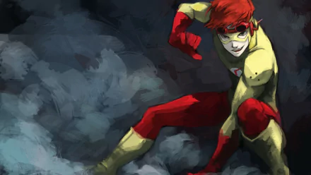 An action-packed illustration of Wally West, also known as Kid Flash, featuring his iconic red hair and goggles, captured in a dynamic pose against a dramatic background.