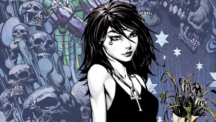 HD desktop wallpaper featuring Death from DC Comics' The Sandman, depicted in black and white with a detailed gothic background of skulls and stars.