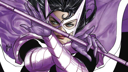 HD comic-style desktop wallpaper featuring a fierce hunter character in a purple and white costume, holding a staff in a dynamic pose.