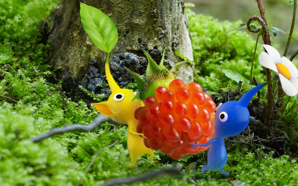 HD PC desktop wallpaper/background from the video game Pikmin: yellow and blue Pikmin carry a red berry across a mossy forest floor beside a tree.