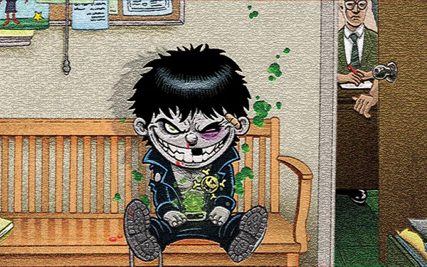 Comic HD PC desktop wallpaper of Evil Ernie: grinning, scarred antihero with black hair, skull tee and boots sits on a wooden bench, green ectoplasm glowing in an office hallway background.