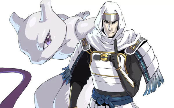 HD PC desktop wallpaper featuring a warrior character alongside Mewtwo from the video game Pokémon: Conquest.