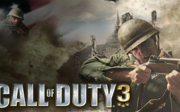 HD PC desktop wallpaper featuring intense World War II combat scenes from the video game Call of Duty 3, with soldiers in action and the game title prominently displayed.