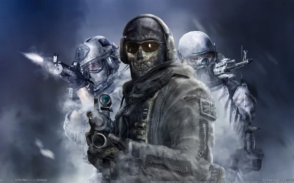 HD wallpaper featuring characters from Call of Duty: Modern Warfare 2, showcasing a tactical scene with soldiers in combat gear surrounded by smoke.