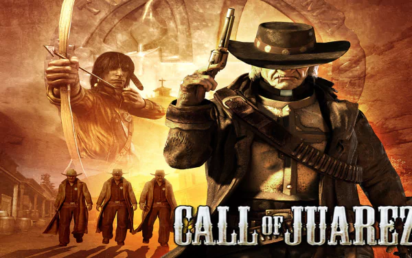 HD PC desktop wallpaper/background of the video game Call of Juarez: a cowboy gunslinger with pistol and bandolier, an archer with bow and four silhouettes in a sepia western scene.