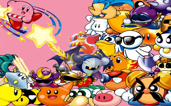 HD PC desktop wallpaper for the video game Kirby: Nightmare in Dreamland, showing Kirby and a crowd of colorful enemies and allies on a bright pink background.