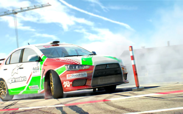 HD PC desktop wallpaper featuring a drifting rally car from the video game DiRT 3, set against a bright sky with dynamic motion and smoke effects.