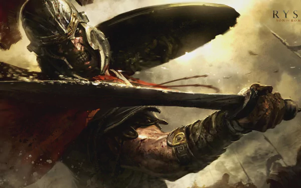 HD PC desktop wallpaper featuring a fierce warrior from the video game Ryse: Son of Rome wielding a sword in battle.