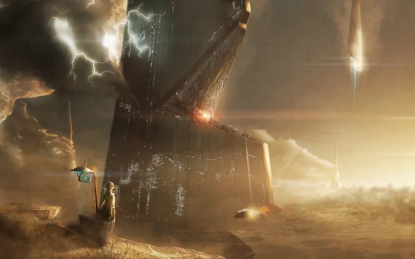 HD desktop wallpaper featuring a dramatic sci-fi scene with a large spaceship in a stormy, desert landscape, surrounded by lightning and flying crafts.