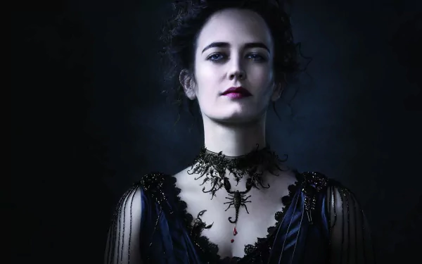 A haunting HD wallpaper featuring a character from the TV show Penny Dreadful, showcasing her elegant attire and striking expression against a dark background.